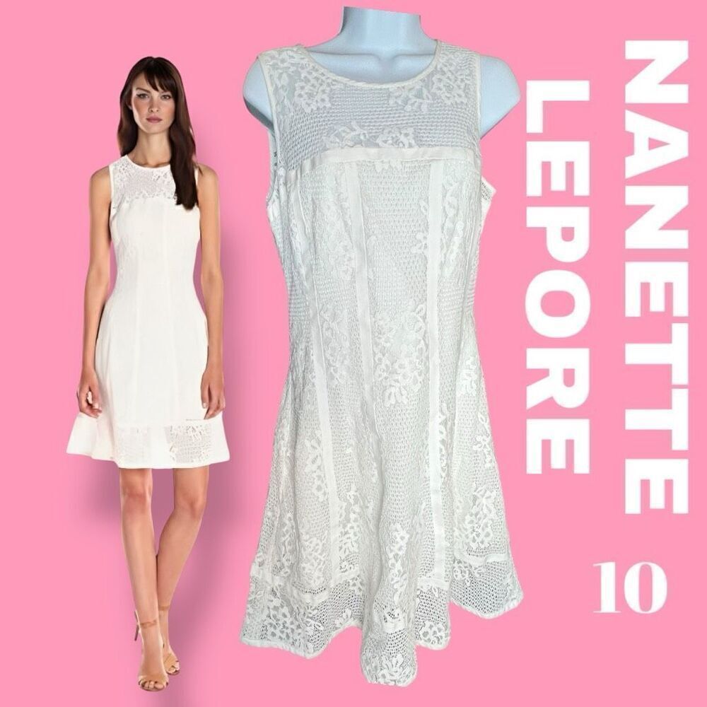 Nanette Lepore Women's 10 Lucy Lace Paneled Princess Dress Ivory Igloo